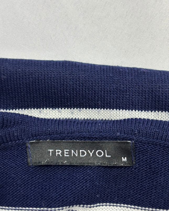 Trendyol Navy Blue Striped Polo Collar Knit Sweater