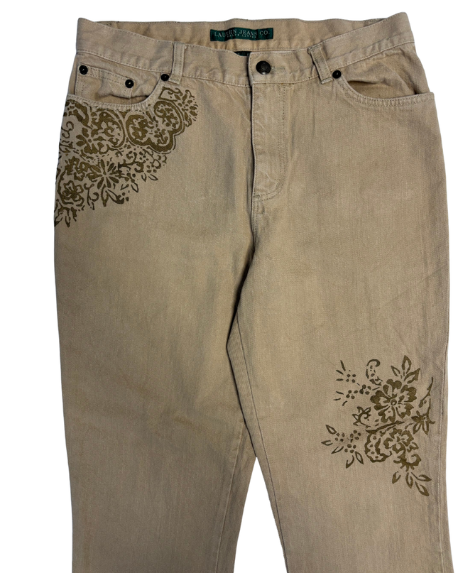 Lauren Ralph Lauren Tan Floral Embroidered Straight Leg Jeans