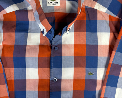 Lacoste Orange, Blue and White Checkered Slim Fit Long Sleeve Shirt
