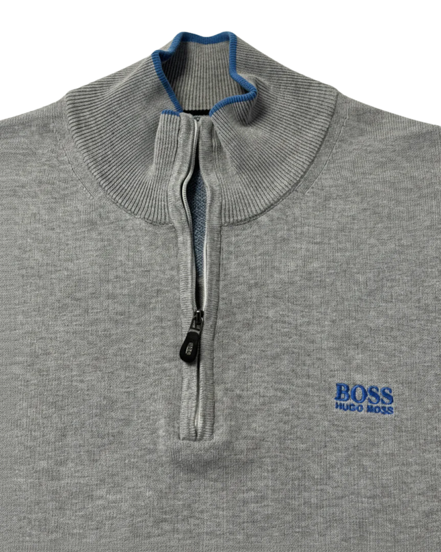 Hugo Boss Grey Quarter-Zip Cotton Blend Sweater
