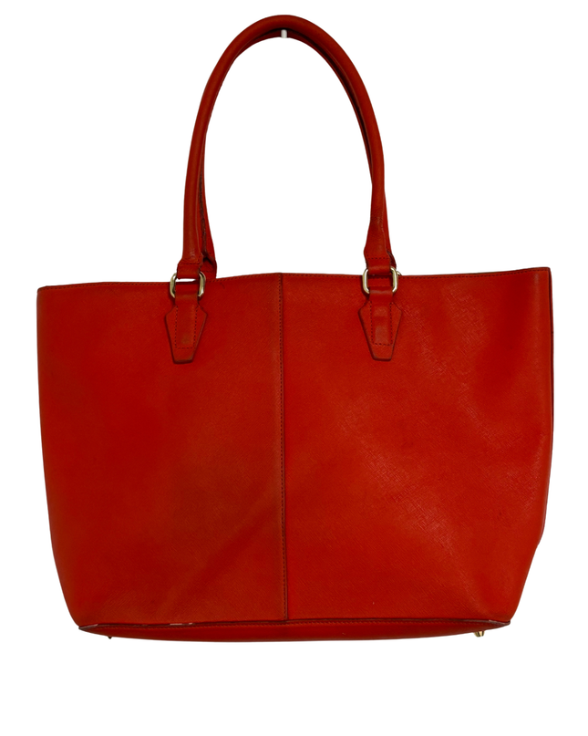 DKNY Bright Red Saffiano-Style Leather Gold Logo Structured Tote Bag