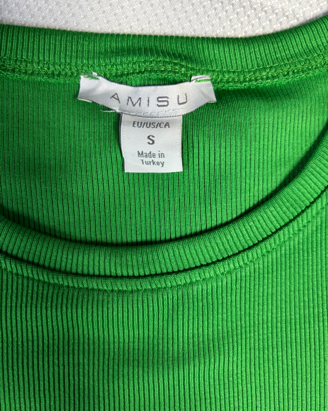 AMISU Green Ribbed Tie-Front Short Sleeve Crop Top