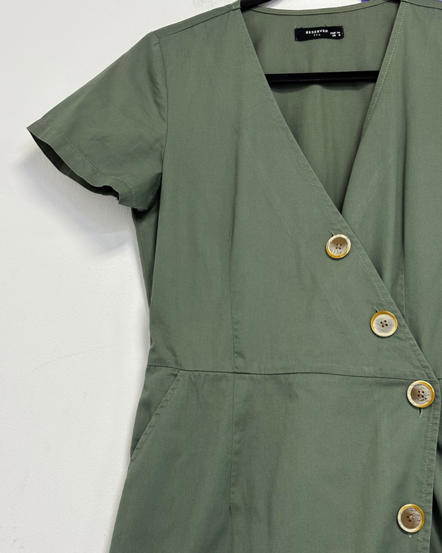 Reserved Olive Green Short Sleeve Button-Down Mini Dress