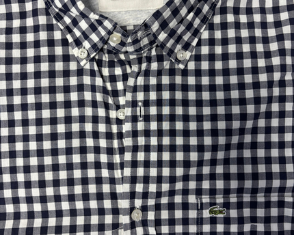 Lacoste Navy Blue and White Gingham Short Sleeve Button-Down Shirt