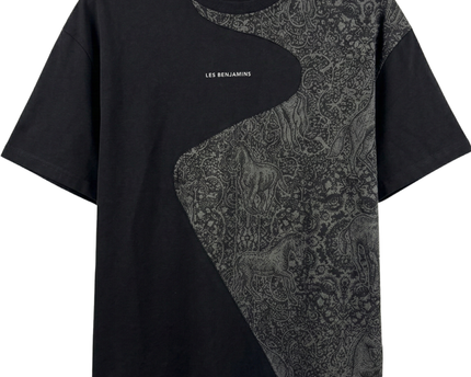LES BENJAMINS Black Horse Print Asymmetric Panel T-Shirt