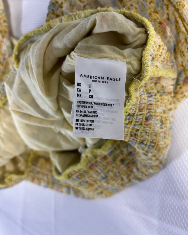 American Eagle Yellow Floral Puff Sleeve Crop Top
