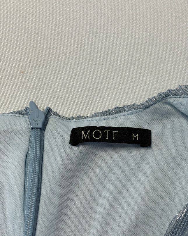 Motf Light Blue Metallic Pleated Tiered Midi Dress
