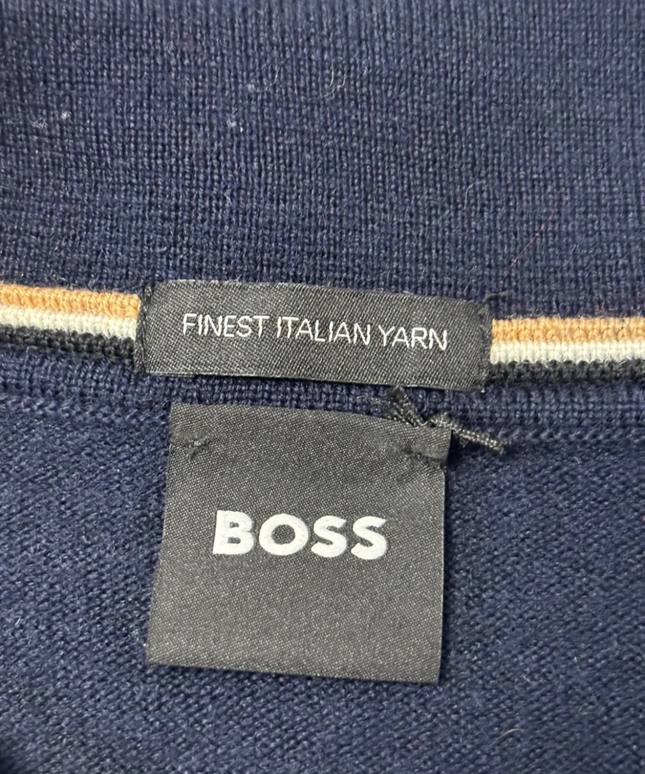 BOSS Navy Blue Long Sleeve Knitted Polo Sweater