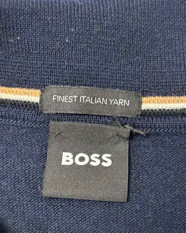 BOSS Navy Blue Long Sleeve Knitted Polo Sweater