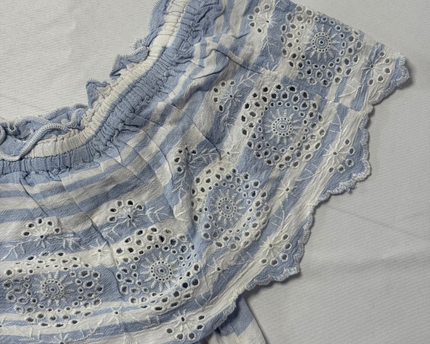American Eagle Blue and White Striped Eyelet Ruffle Top