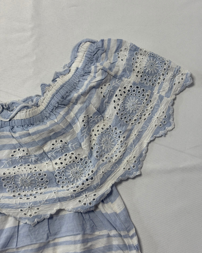 American Eagle Blue and White Striped Eyelet Ruffle Top