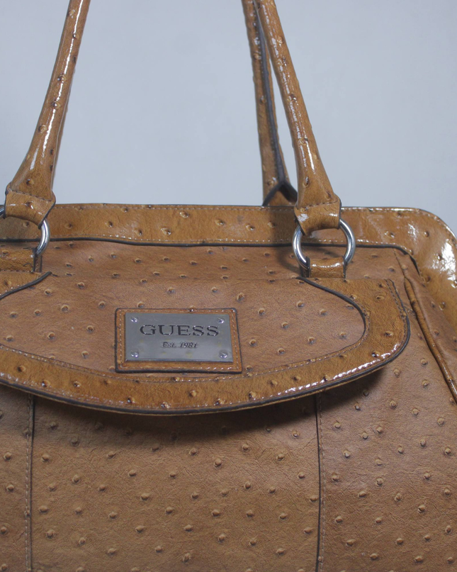 Guess Brown Ostrich-Embossed Satchel Handbag
