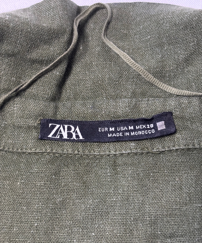 Zara Olive Green Belted Linen-Blend Midi Shirt Dress