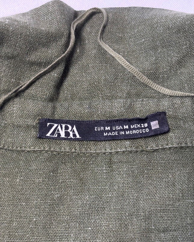 Zara Olive Green Belted Linen-Blend Midi Shirt Dress