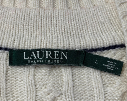 Lauren Ralph Lauren Cream Cable Knit Varsity V-Neck Sweater