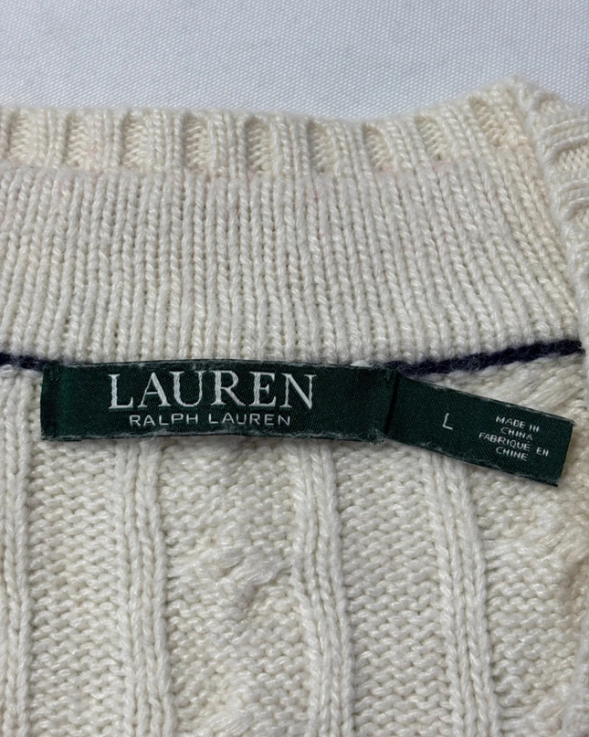 Lauren Ralph Lauren Cream Cable Knit Varsity V-Neck Sweater