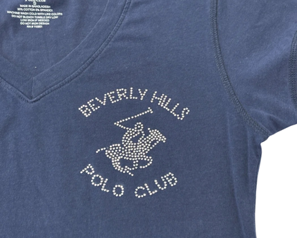 Beverly Hills Polo Club Navy Blue Embellished V-Neck T-Shirt