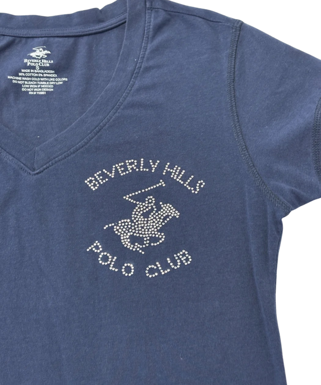 Beverly Hills Polo Club Navy Blue Embellished V-Neck T-Shirt