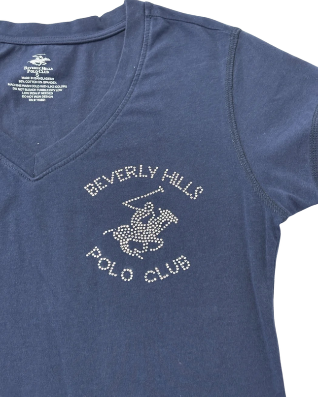 Beverly Hills Polo Club Navy Blue Embellished V-Neck T-Shirt