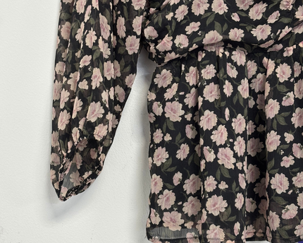 American Eagle Black Floral Ruched Peplum Blouse