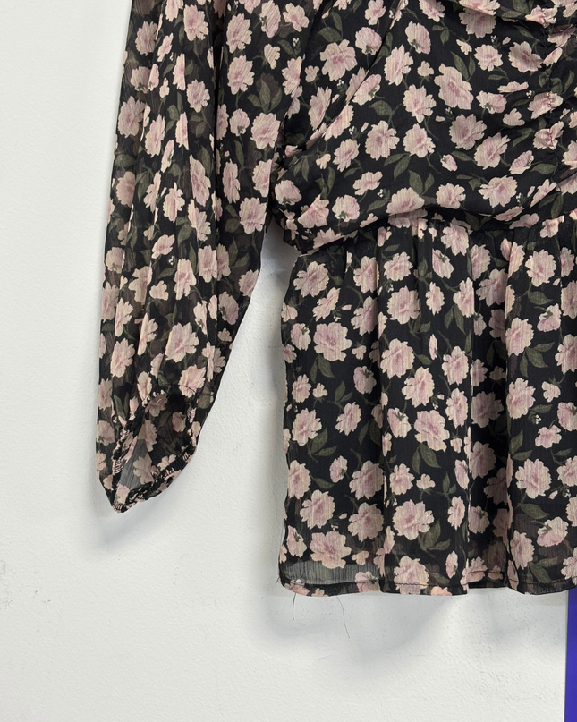 American Eagle Black Floral Ruched Peplum Blouse