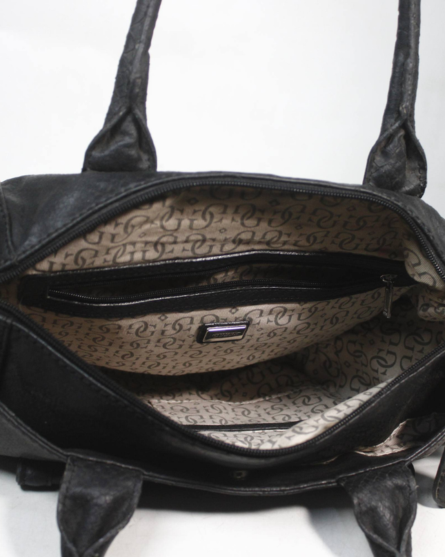 Guess Black Faux Python Satchel Bag with Rhinestone Detail