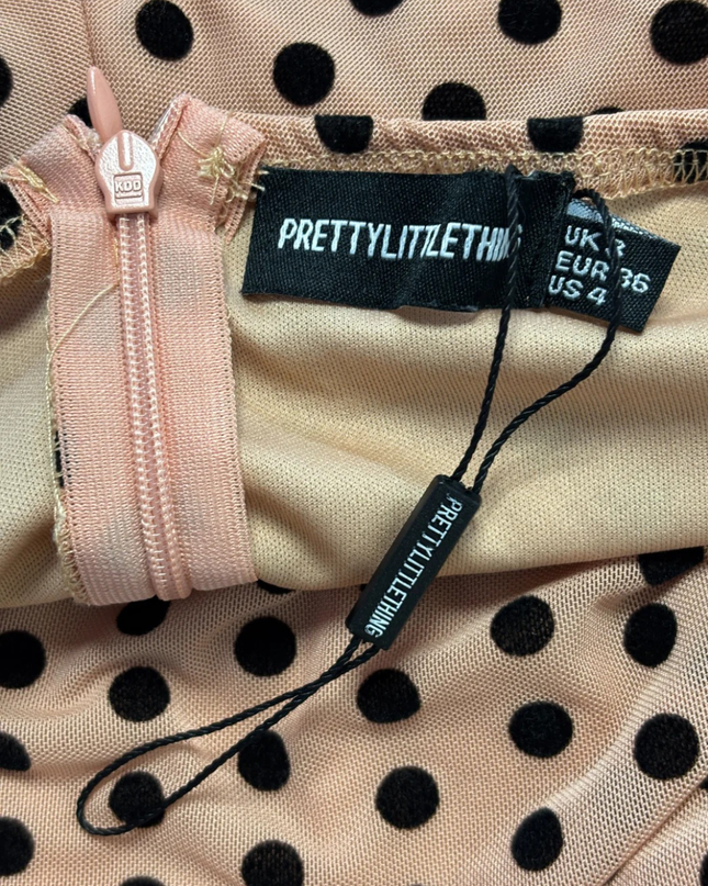 PrettyLittleThing Nude/Black Polka Dot Ruched Bodycon Mini Dress