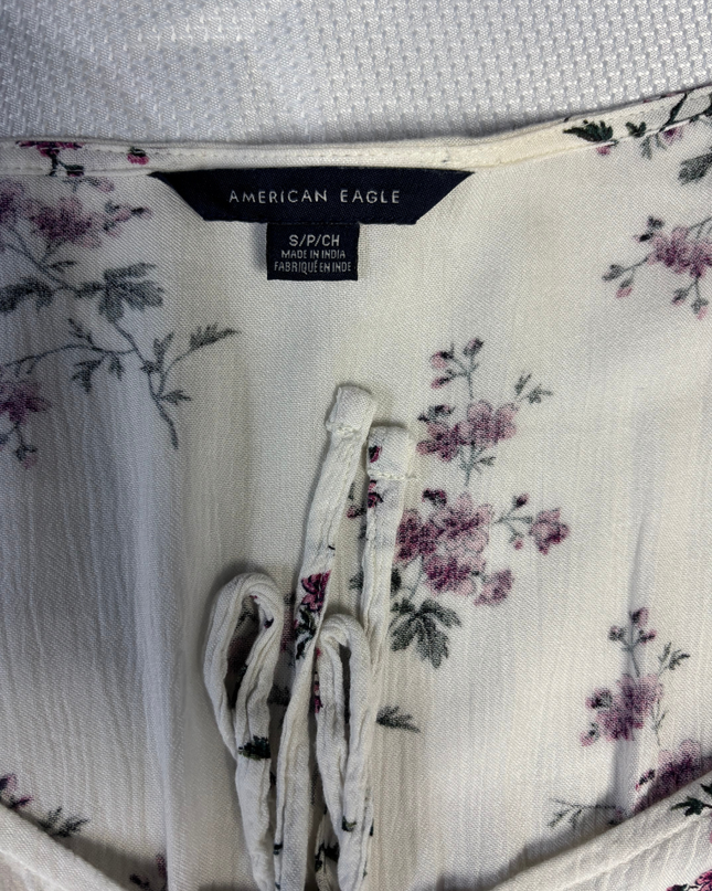 American Eagle White/Purple Floral Smocked Peplum Blouse