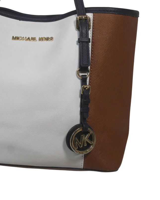 Michael Kors White/Brown/Black Tri-Color Saffiano Leather Tote Bag