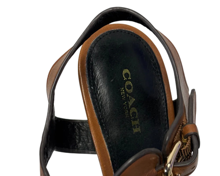 Coach Brown Izzy Leather Woven T-Strap Stiletto Sandals