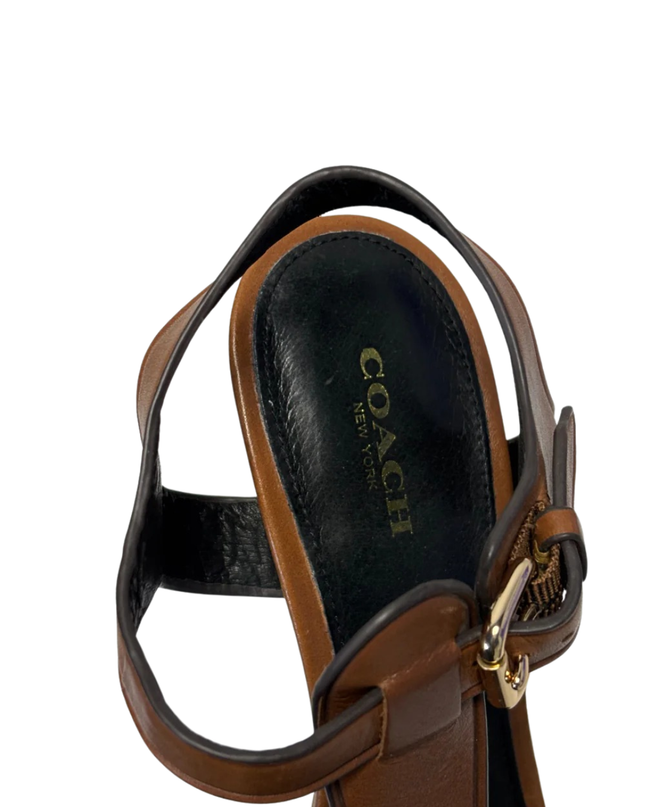 Coach Brown Izzy Leather Woven T-Strap Stiletto Sandals