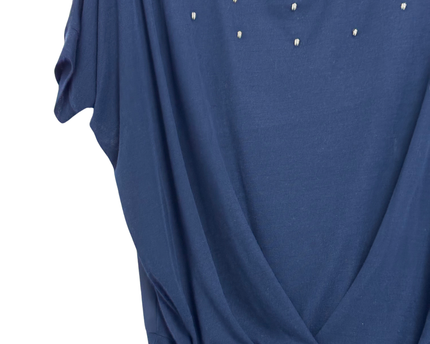Voulez Vous Navy Blue Studded Dolman Sleeve Draped Top