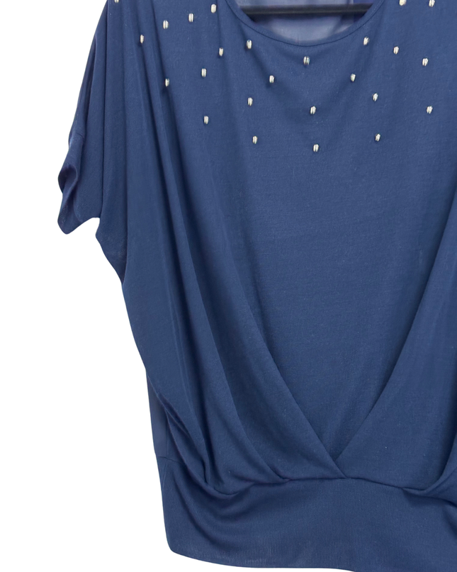 Voulez Vous Navy Blue Studded Dolman Sleeve Draped Top
