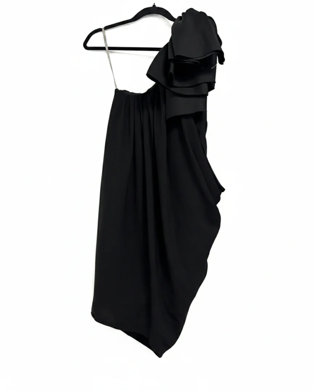 WHITE by VERA WANG Black One-Shoulder Ruffle Cocktail Dress