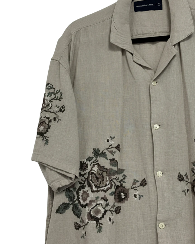 Abercrombie & Fitch Beige Floral Embroidered Linen Blend Shirt