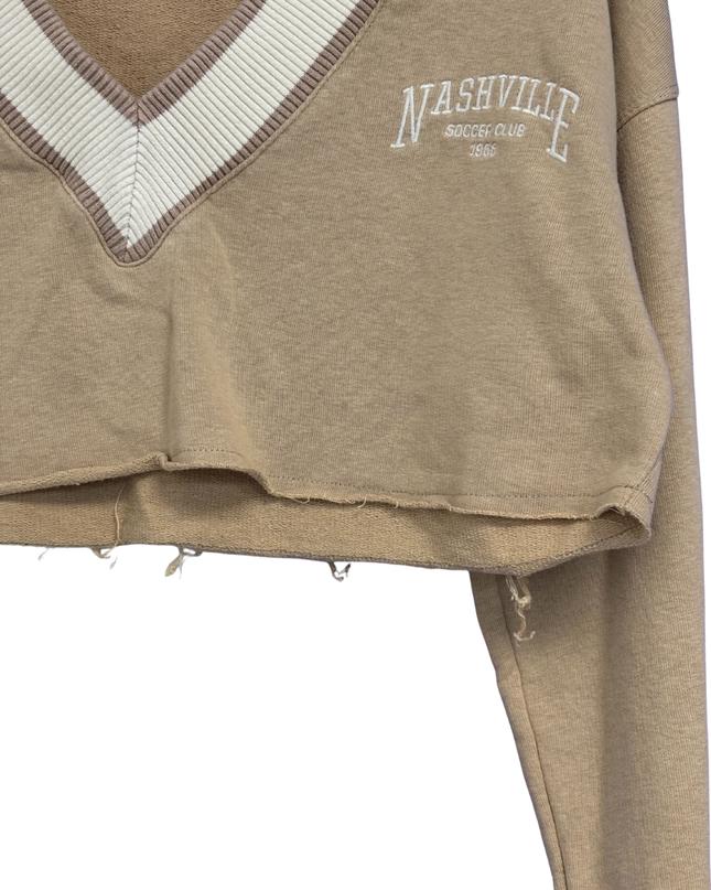Bershka Beige Nashville Varsity V-Neck Crop Top