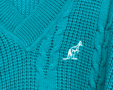 Australian BY L'ALPINA Vintage Teal V-Neck Cable Knit Sweater