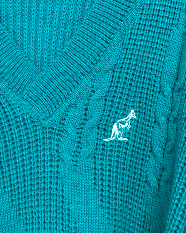 Australian BY L'ALPINA Vintage Teal V-Neck Cable Knit Sweater
