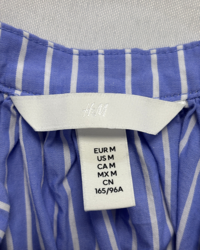 H&M Blue Striped Puff Sleeve V-Neck Blouse