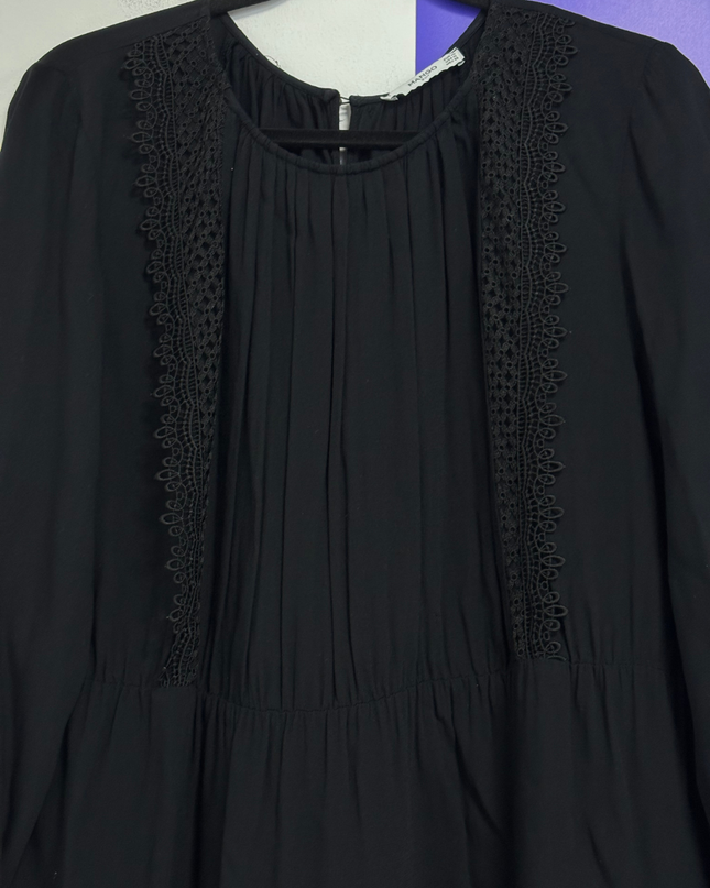 Mango Black Lace Trim Pleated Blouse