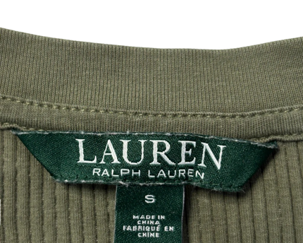 Lauren Ralph Lauren Olive Green Lace-Up Ribbed Long Sleeve Top