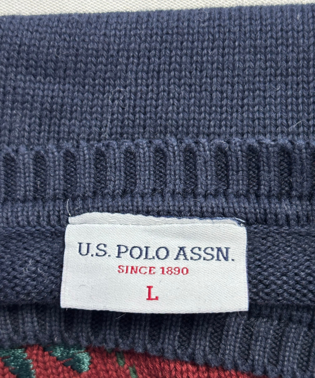 U.S. Polo Assn. Navy Blue Argyle Floral Embroidered Sweater