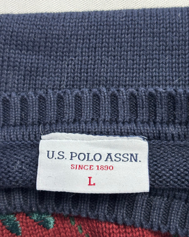 U.S. Polo Assn. Navy Blue Argyle Floral Embroidered Sweater