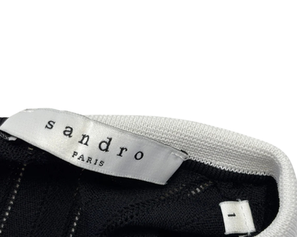 Sandro Black Ribbed Knit Sweater with White Contrast Collar