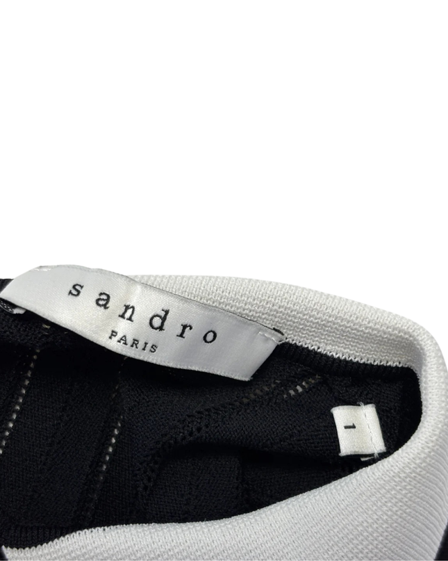 Sandro Black Ribbed Knit Sweater with White Contrast Collar