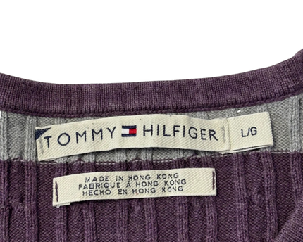 Tommy Hilfiger Purple & Gray Striped Cable Knit Henley Sweater