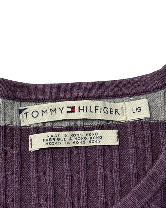 Tommy Hilfiger Purple & Gray Striped Cable Knit Henley Sweater