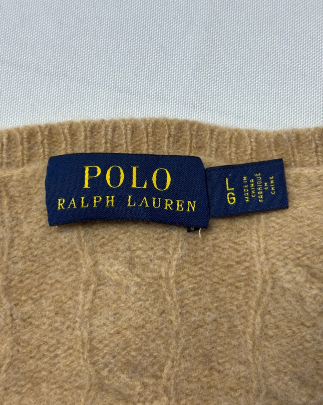 Polo Ralph Lauren Brown Cable Knit Wool-Cashmere V-Neck Sweater
