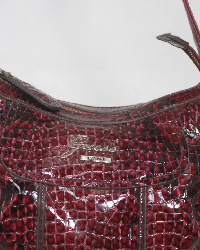 Guess Burgundy Snake Embossed Faux Leather Shoulder Bag