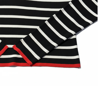 Zara Black and White Striped V-Neck Knit Sweater with Red Trim